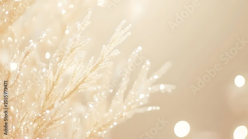 Golden winter frost on delicate branches, shimmering ice crystals in warm sunlight, elegant festive background with soft bokeh lights