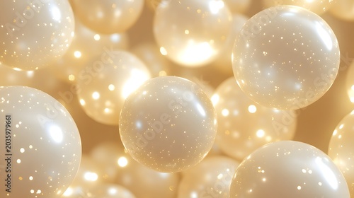 Lustrous cream pearls with golden glitter, elegant ivory spheres in soft light, luxury pearl background for wedding and jewelry design