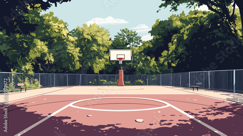 Empty outdoor basketball court with surrounding trees and benches
