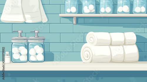 Organized bathroom shelf with towels, jars, and toiletries