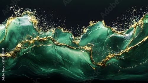 Emerald green marble waves with liquid gold veins, luxury abstract fluid art background, elegant malachite texture with golden splash