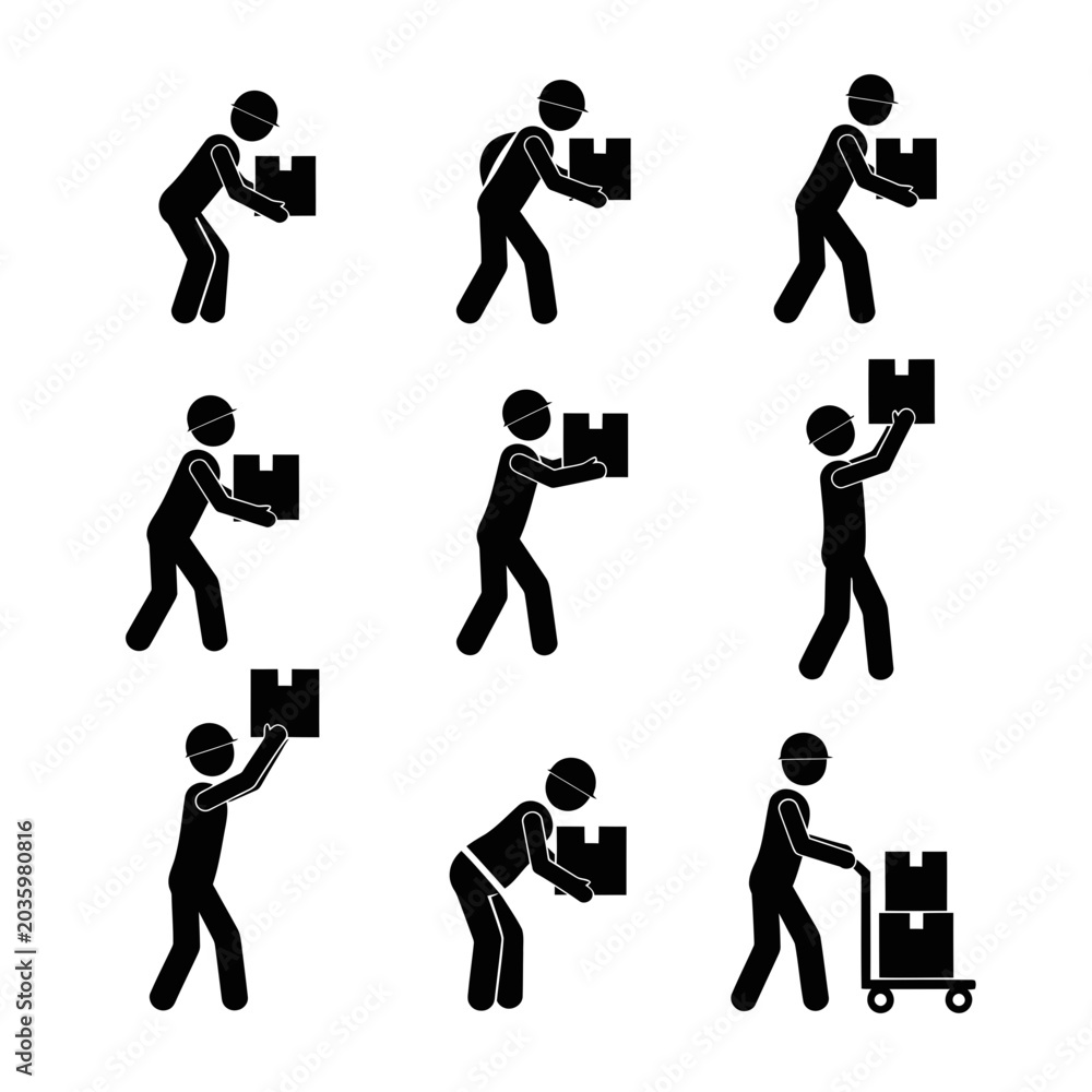 Fototapeta premium Delivery Person Carrying Boxes, Logistics Icons, Shipping and Logistics Symbols