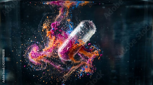 Colorful powder dissolving from a medicine capsule in dark water