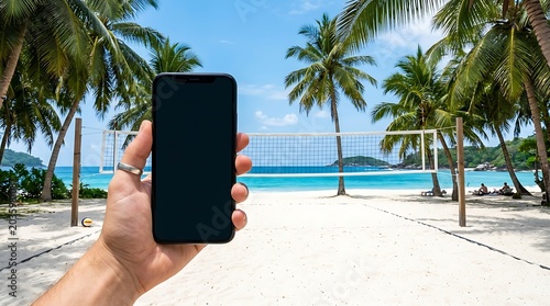 Hand holding blank smartphone screen at a tropical beach resort