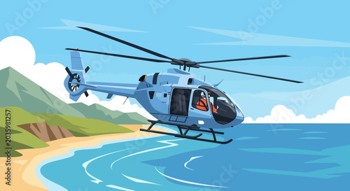 Professional Helicopter Pilot Navigating Over Scenic Landscape During Flight