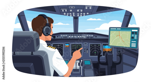 Airplane Cockpit Interior With Pilot and Co-Pilot Instruments Illuminated
