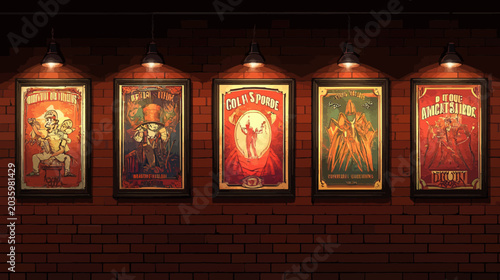 Vintage-style posters hung on a red brick wall illuminated by spotlights