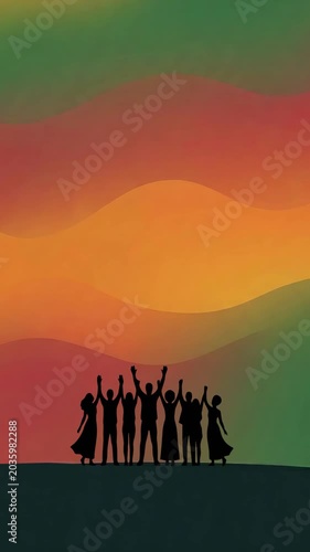 Juneteenth celebration background with wavy Pan-African colors, stylized sun symbol, and silhouette of people raising hands for freedom and unity