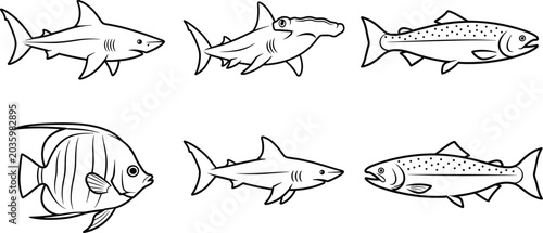Bild auf Leinwand Shark and Ocean Fish Line Icon Set for Sea Life Educational Apps and Fishing Des