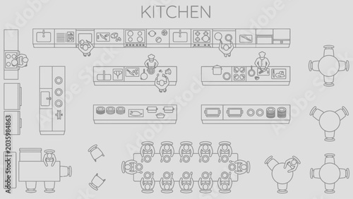 Photos Commercial kitchen top view CAD drawing set, chefs preparing food with cooking s