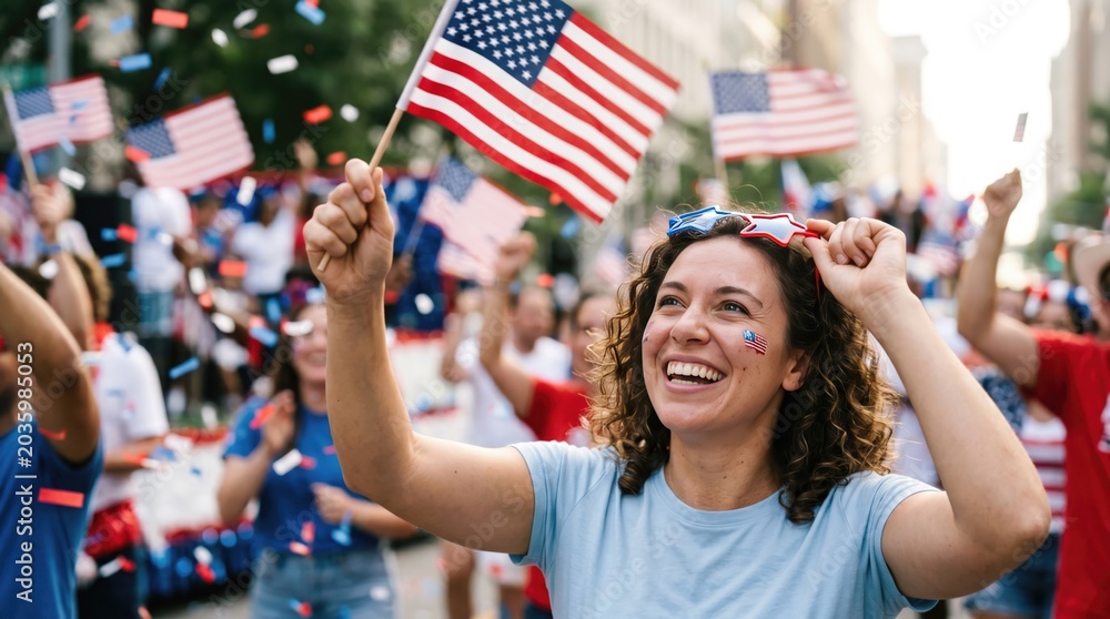 Fototapeta premium Happy young woman celebrating national holiday with American flag and confetti at outdoor parade, patriotic concept of freedom and community spirit