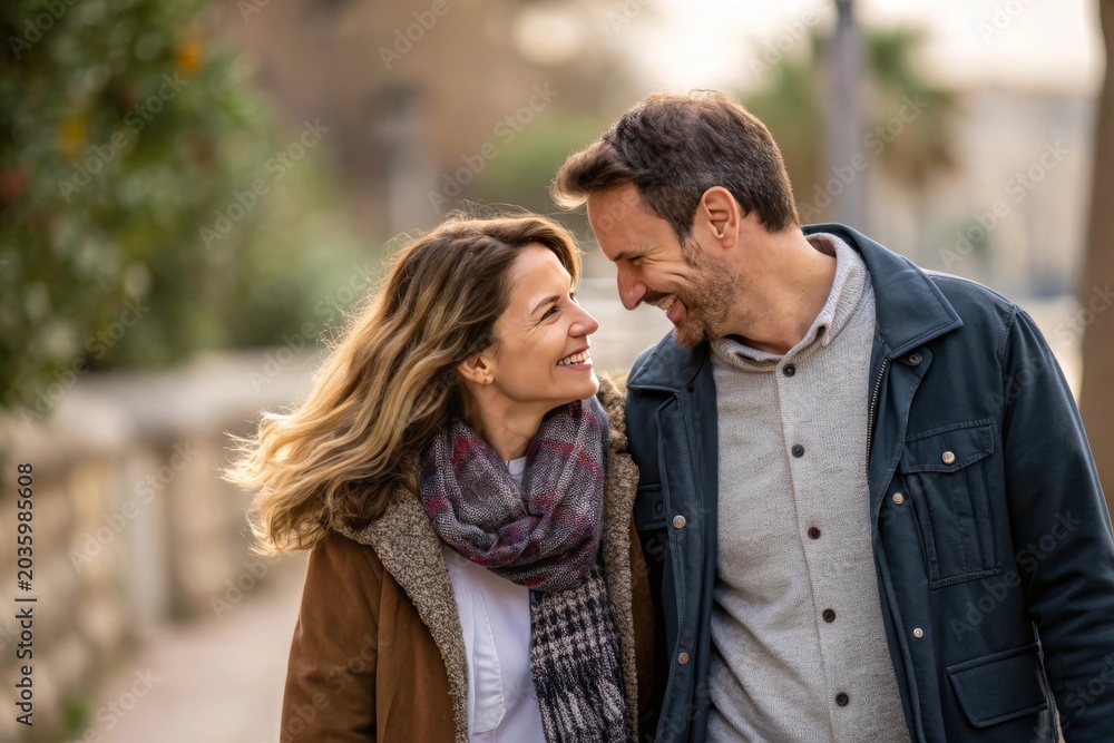 Fototapeta premium Smiling couple walks close, sharing warmth and joy