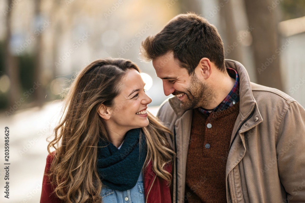 Fototapeta premium Smiling couple shares a tender moment outdoors