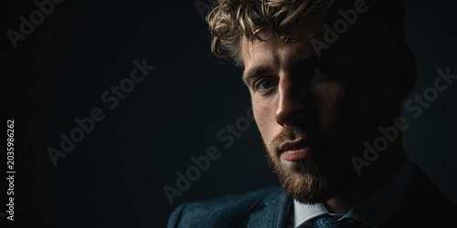 Close up portrait of man with curly hair and beard, wearing suit, exuding serious and contemplative expression in low light