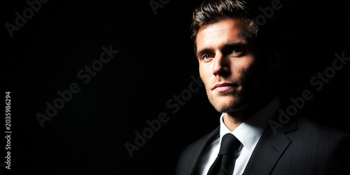 Elegant man in suit with serious expression, illuminated against dark background, exuding confidence and sophistication