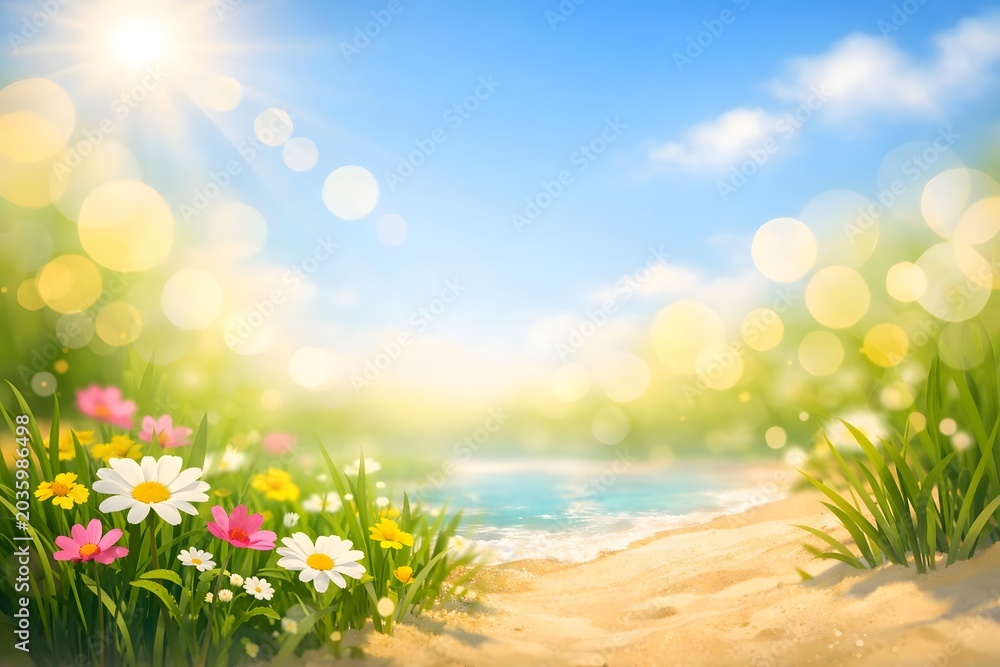 Fototapeta premium Summer background with grass and flowers