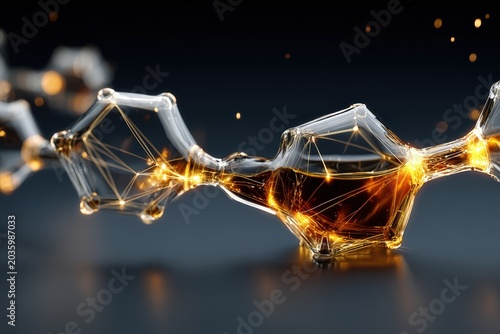 Conceptual 3D visualization of the glycolysis process showing a glucose molecule breaking down into pyruvate with glowing gold ATP energy sparks.