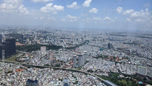 Cityscape in Ho Chi Minh City, Vietnam: Panoramic view of the skyline with the Saigon River and high-rise buildings in 2020