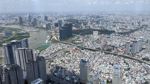 Cityscape in Ho Chi Minh City, Vietnam: Panoramic view of the skyline with the Saigon River and high-rise buildings in 2020