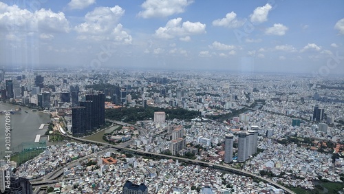 Cityscape in Ho Chi Minh City, Vietnam: Panoramic view of the skyline with the Saigon River and high-rise buildings in 2020