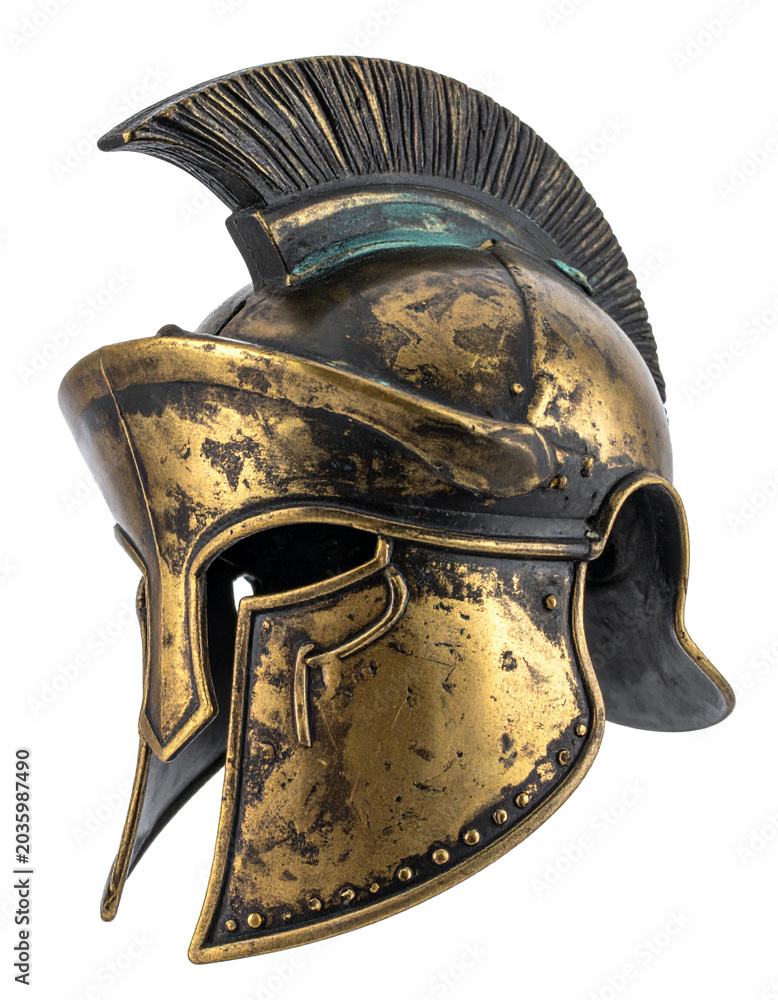 Naklejka premium Ancient Bronze Greek Warrior Helmet Displayed isolated on transparent or white background