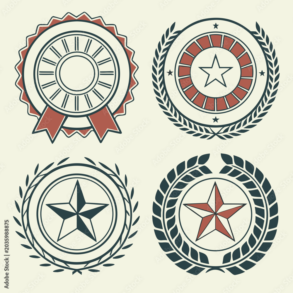 Fototapeta premium Set of four vintage and retro-inspired badges with stars and laurel wreaths creating a timeless aesthetic for diverse uses.