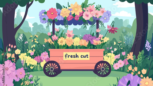 Colorful garden scene with a cart of fresh cut flowers and lush greenery