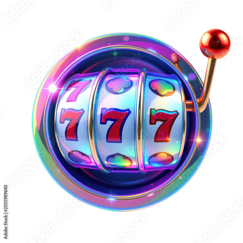 Colorful slot machine with three reels displaying triple sevens and a lever on the right side.