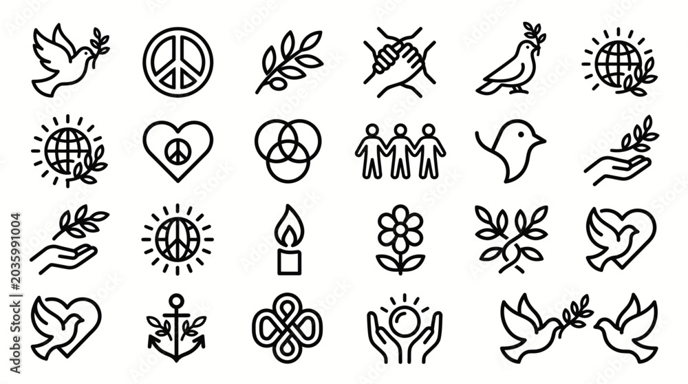 Fototapeta premium Various peace symbols and icons depicting unity, love, and harmony are shown.