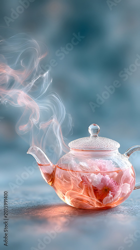 Glass teapot with pink floral tea and steam rising, set against a soft blue background creating an elegant and serene atmosphere. Selective focus