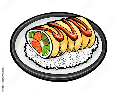 Appetizing Japanese sushi burrito roll filled with fresh vegetables and salmon served over white rice for modern Asian fusion menu - Vector Illustration