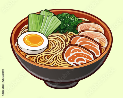 Savory Japanese ramen noodle soup bowl packed with tender sliced pork soft boiled egg halves and fresh green bok choy - Vector Illustration