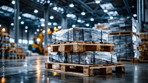 Workers load wrapped pallets of materials inside a large industrial warehouse during the afternoon