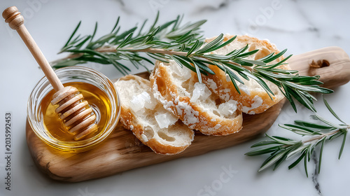 Freshly sliced bread with honey and rosemary on a wooden cutting board, showcasing a rustic culinary presentation. Selective focus