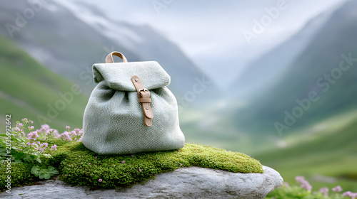 Green backpack resting on a moss-covered rock with a scenic mountain valley and soft-focus greenery in the background. Selective focus