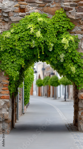 Archway covered in green vines leads to a cobblestone street lined with trees and buildings in a quaint European village setting. Selective focus