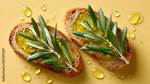 Slices of toasted bread topped with olive oil and fresh green olive leaves on a yellow background, showcasing a culinary presentation. Selective focus