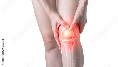 Knee discomfort highlighted, a person holds a knee with pain indicators, suggesting injury isolated on transparent or white background