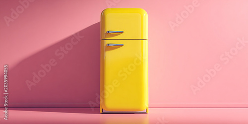 Bright yellow fridge stands against pink background, showcasing modern and stylish design that adds cheerful touch to any space