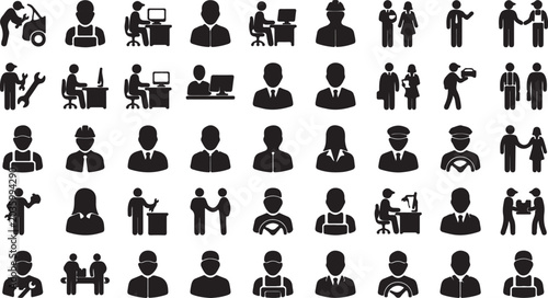 Black silhouettes of various people at work and leisure on white background
