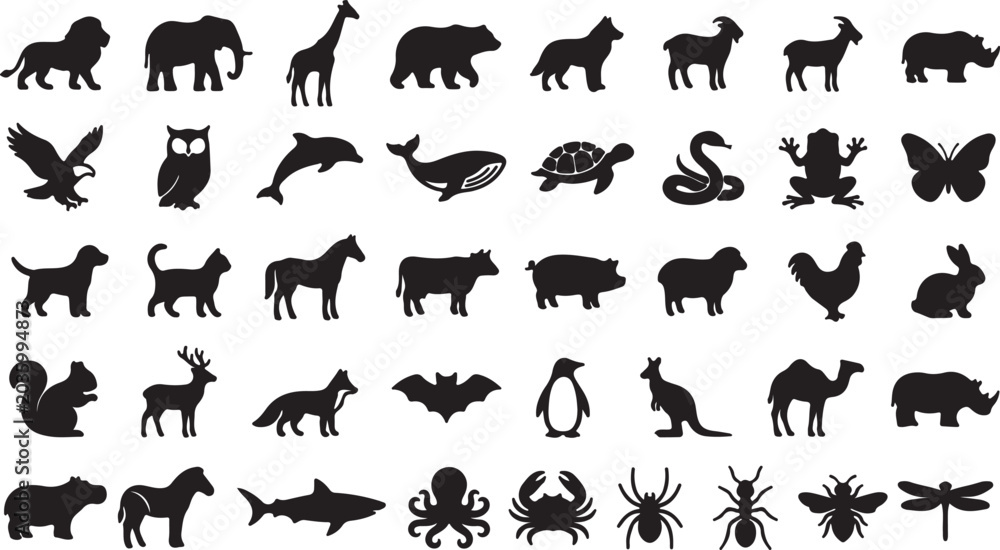 Obraz premium Collection of various animal silhouettes on white background for design and illustration