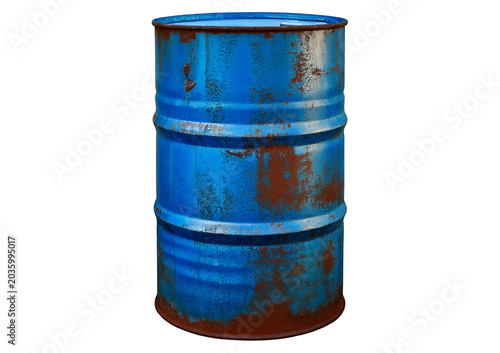 Old rusted blue steel oil barrel isolated on transparent or white background