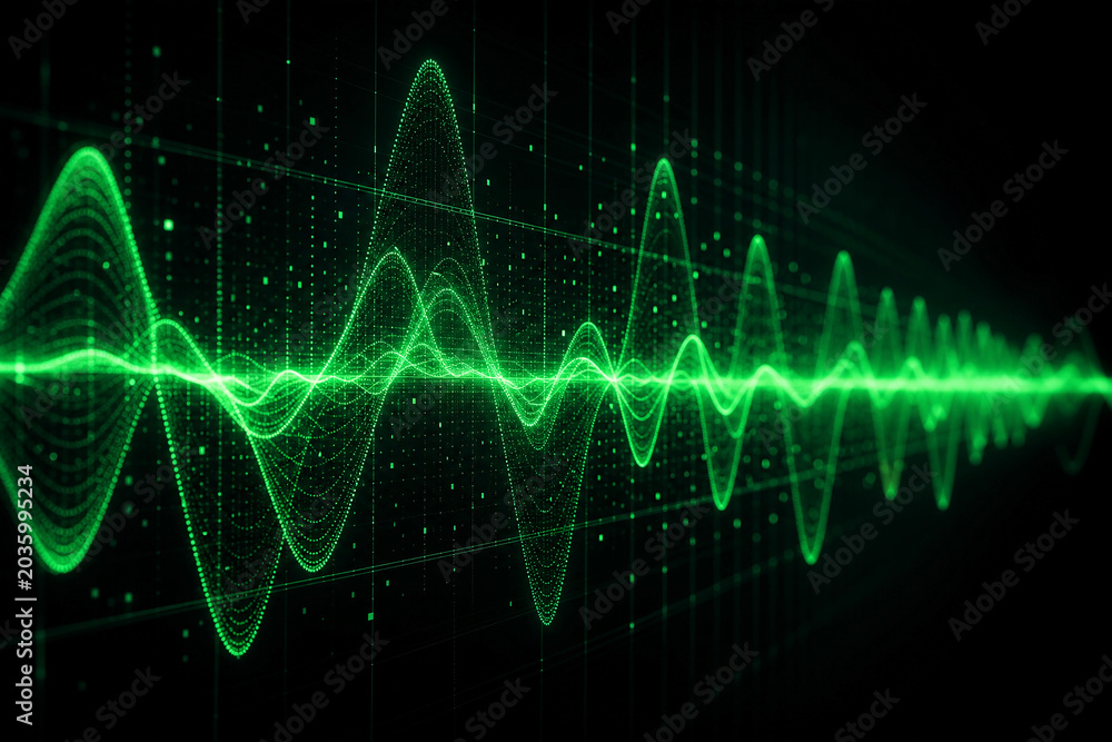 Fototapeta premium Green Neon Digital Frequency Wave Background