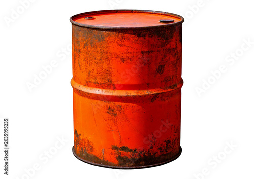 Old rusted Orange steel oil barrel isolated on transparent or white background