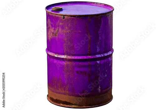 Old rusted Purple steel oil barrel isolated on transparent or white background