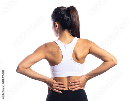 Panoramic shot of sportswoman with lower back pain isolated on transparent or white background