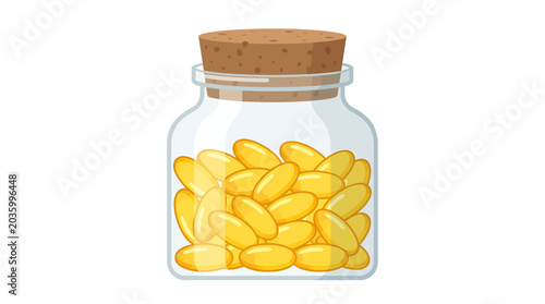 Blue Glass Jar with Yellow Spherical Vitamin Softgels