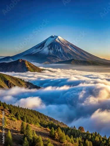 Majestic volcanic peak rises above a cloudcovered landscape in the Canary Islands, Spain, with El Teide Volcanos snowcapped summit visible from afa
