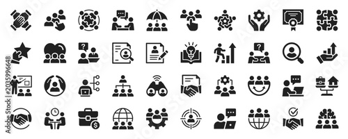 Business management and corporate icons with team interaction, leadership and development elements. Minimalist symbol collection for office apps and professional platforms.
