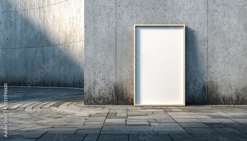 Minimalist blank picture frame outdoors on cement wall with arc pavement